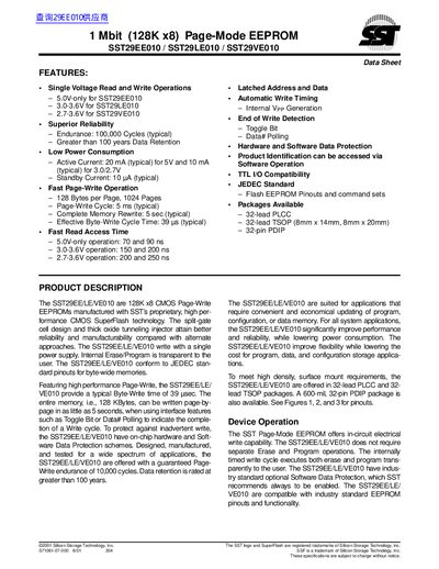 SST 1 Mbit (128K x8) Page-Mode EEPROM SST29EE010 SST29LE010 SST29VE010 handbook - cover page