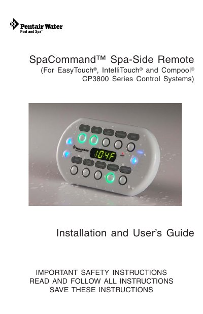 Pentair SpaCommand Spa-Side Remote Installation and User's Guide - cover page