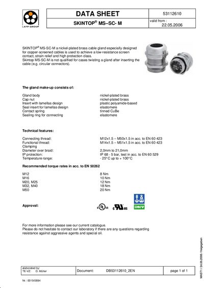 LAPP KABEL DATA SHEET 53112610 SKINTOP MS SC- M valid from : 22.05.2006 - cover page