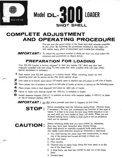 Pacific DL-300 Shot Shell Loader Operating Instructions - cover page