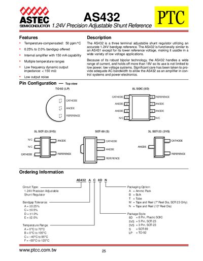 ASTEC AS432 1.24V Precision Adjustable Shunt Reference Datasheet - cover page