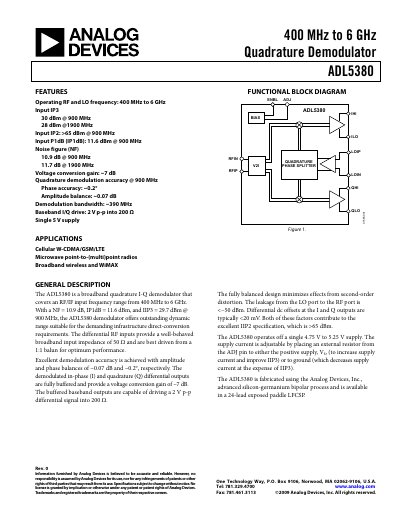 Analog Devices ADL5380 Quadrature Demodulator Datasheet - cover page