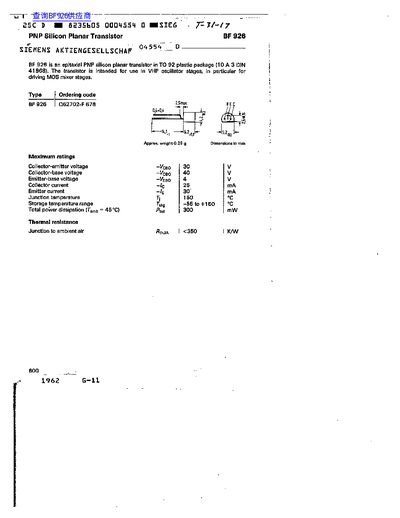 Siemens BF 926 PNP Silicon Planar Transistor Datasheet - cover page