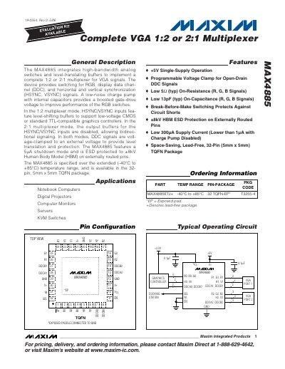 Maxim MAX4885 VGA Multiplexer Datasheet