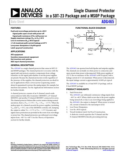 Analog Devices ADG465 Single Channel Protector Data Sheet - cover page