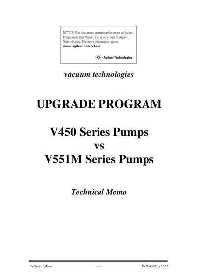 Agilent V551M vs V450 Series Vacuum Pumps Technical Memo - cover page