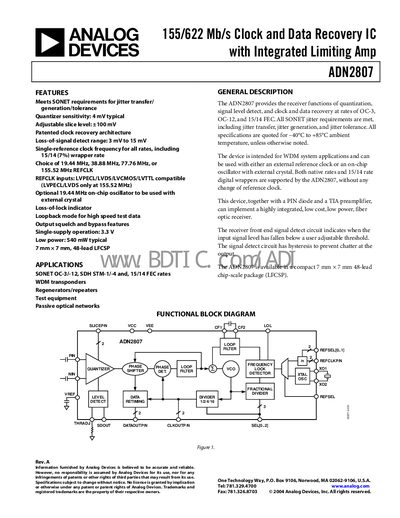 Analog Devices ADN2807 Clock and Data Recovery IC Datasheet - cover page