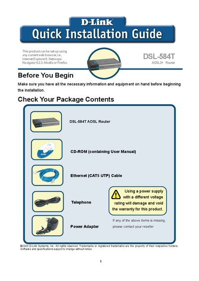 D-Link DSL-584T ADSL Router Quick Installation Guide - cover page