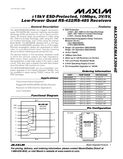 Maxim Integrated MAX3093E/MAX3094E Quad RS-422/RS-485 Receiver Datasheet - cover page
