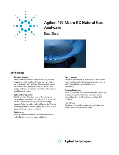 Agilent 490 Micro GC Natural Gas Analyzer Datasheet - cover page