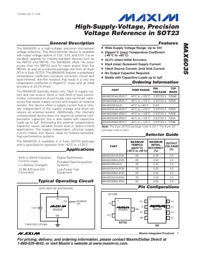 MAXIM MAX6035 High-Supply-Voltage Precision Voltage Reference in SOT23 handbook - cover page