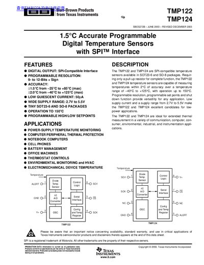 Texas Instruments TMP122 and TMP124 Temperature Sensor Datasheet - cover page