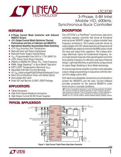Linear Technology LTC3730 3-Phase 5-Bit Mobile VID 600kHz Synchronous Buck Controller Datasheet - cover page
