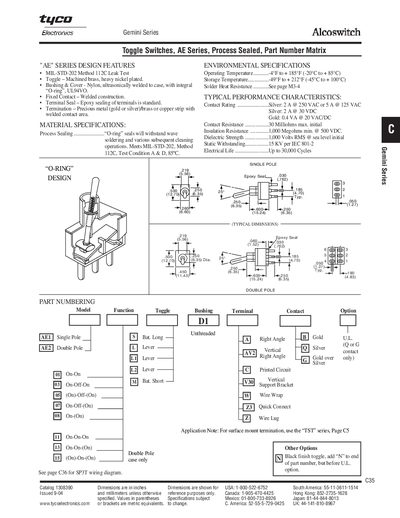 Tyco AE Series Process Sealed Toggle Switch Part Number Matrix - cover page
