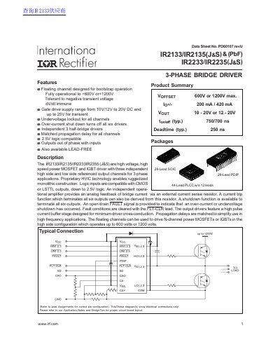 International Rectifier IR2133/IR2135/IR2233/IR2235 3-Phase Bridge Driver Datasheet - cover page