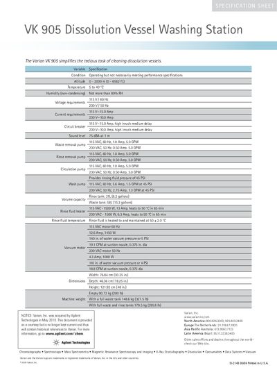 Varian VK 905 Dissolution Vessel Washing Station Specification Sheet - cover page
