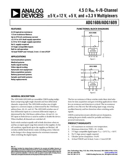 ANALOG DEVICES 4.5 &Omega; RON 4-/8-Channel &plusmn;5 V +12 V +5 V +3.3 V Multiplexers ADG1608/ADG1609 handbook - cover page