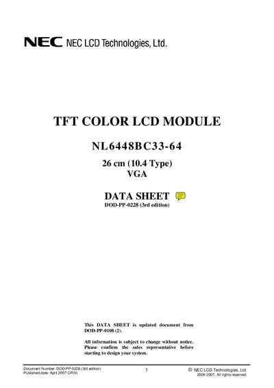 NEC NL6448BC33-64 LCD Module Datasheet - cover page