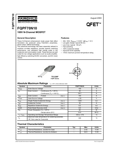 Fairchild FQPF70N10 100V N-Channel MOSFET Datasheet - cover page