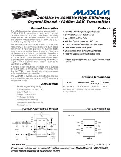 Maxim MAX7044 300MHz to 450MHz High-Efficiency ASK Transmitter Datasheet - cover page