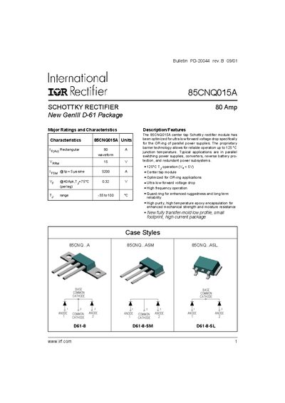 lnternational IOR Rectifier 85CNQ015A SCHOTTKY RECTIFIER New GenIII D-61 Packagehandbook - cover page