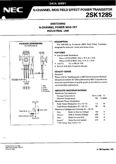 NEC 2SK1285 N-Channel Power MOSFET Datasheet - cover page