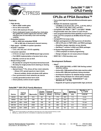 Cypress Delta39K ISR CPLD Family Datasheet - cover page