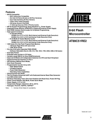 ATMEL 8-bit Flash Microcontroller AT89C51RE2 Manual - cover page