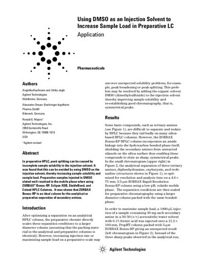 Using DMSO as an Injection Solvent to Increase Sample Load in Preparative LC Application Note - cover page