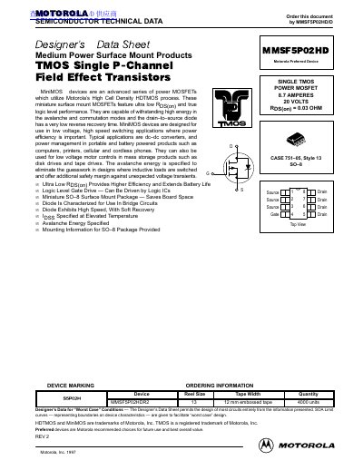 Motorola MMSF5P02HD TMOS Single P-Channel Field Effect Transistor Datasheet
