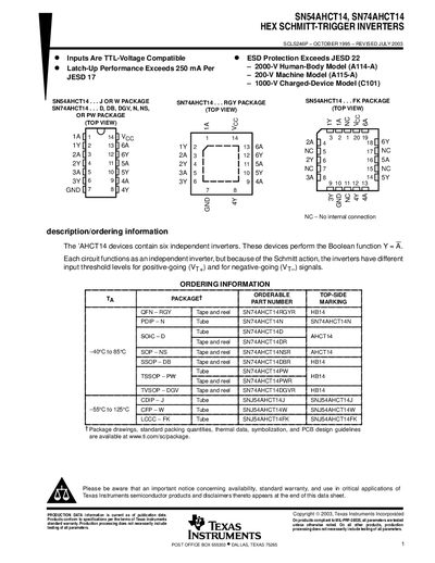 Texas Instruments SN54AHCT14/SN74AHCT14 Hex Schmitt-Trigger Inverters Datasheet - cover page