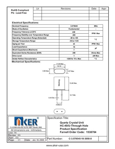 AKER HC-49/U Quartz Crystal Unit Datasheet - cover page