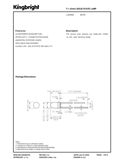 Kingbright L-934PWC WHITE T-1 (3mm) Solid State Lamp Datasheet - cover page