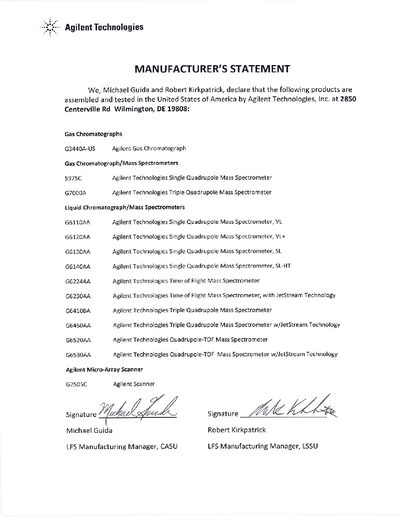 Agilent Technologies Gas Chromatograph/Mass Spectrometer Manufacturer's Statement - cover page