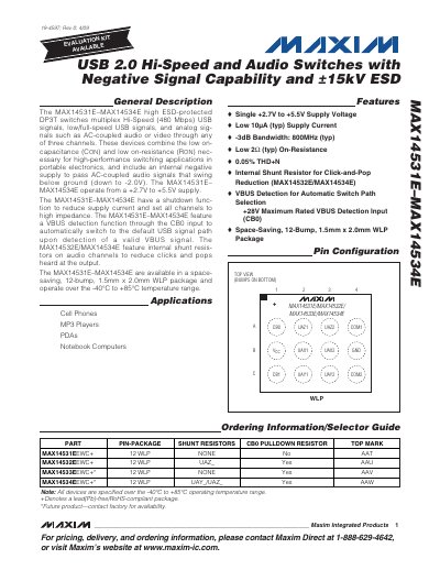 Maxim MAX14531E–MAX14534E USB 2.0 Hi-Speed and Audio Switches Datasheet - cover page