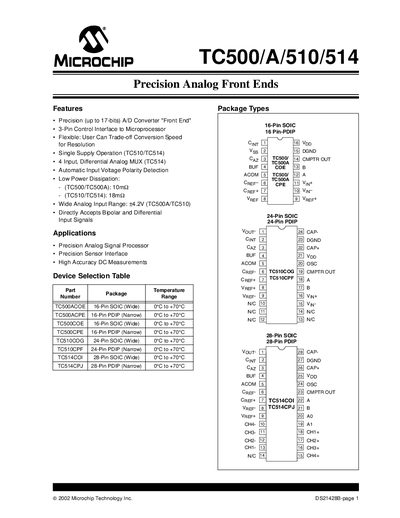 Microchip TC500/A/510/514 Precision Analog Front Ends Datasheet - cover page
