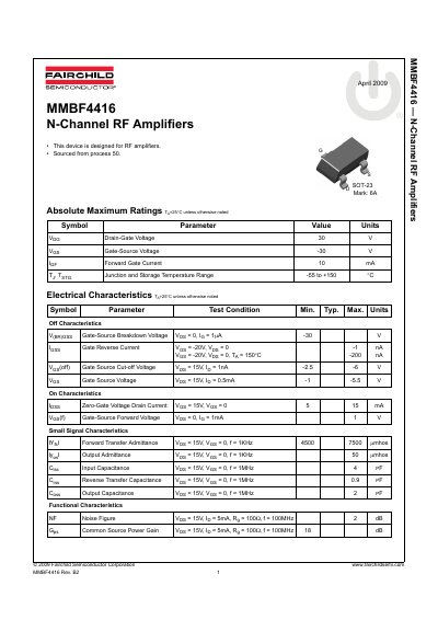 Fairchild Semiconductor MMBF4416 N-Channel RF Amplifier Datasheet
