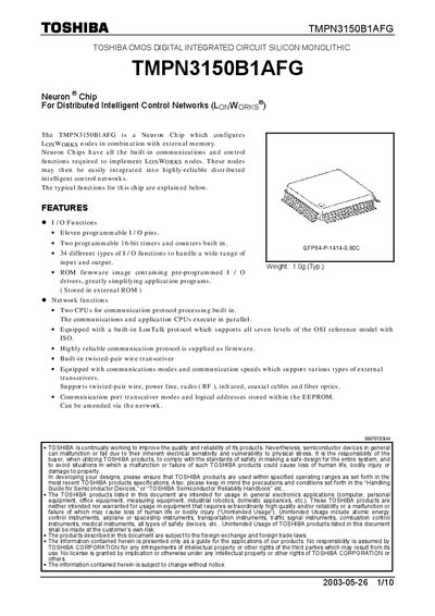 Toshiba TMPN3150B1AFG Neuron Chip Manual - cover page