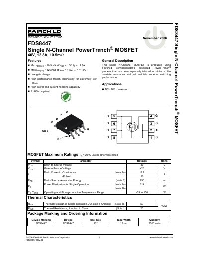 Fairchild FDS8447 Single N-Channel PowerTrench MOSFET Datasheet - cover page