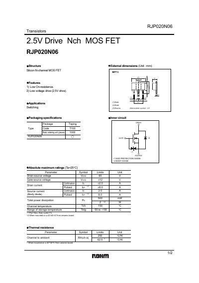 ROHM RJP020N06 N‑Channel MOSFET Datasheet - cover page