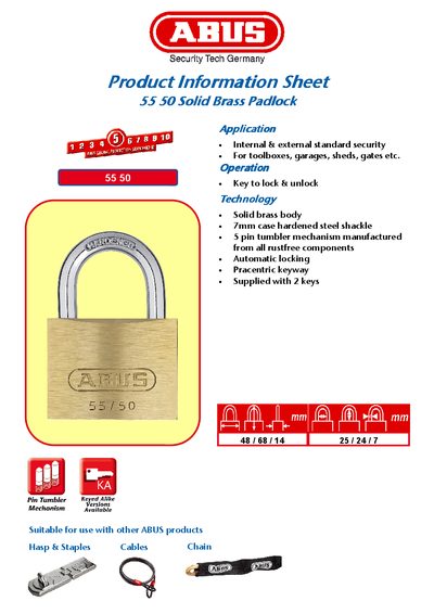 ABUS 55 50 Solid Brass Padlock Product Information Sheet - cover page
