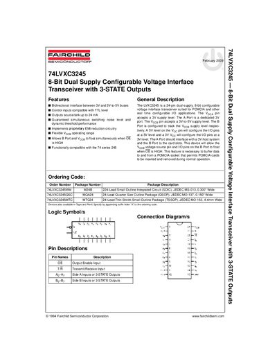Fairchild Semiconductor 74LVXC3245 Dual Supply Configurable Voltage Interface Transceiver Datasheet