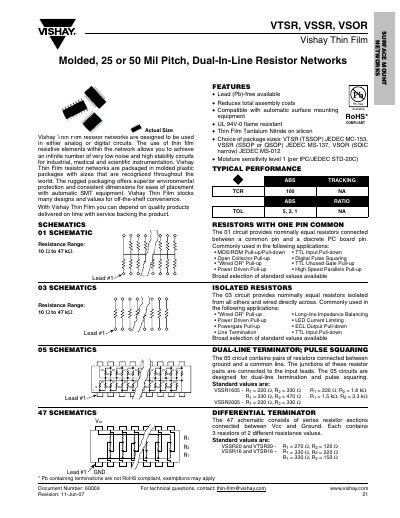 Vishay VTSR VSSR VSOR Molded Dual-In-Line Resistor Networks Datasheet - cover page