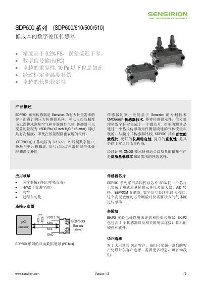 Sensirion SDP600/610/500/510 Digital Differential Pressure Sensor Datasheet - cover page