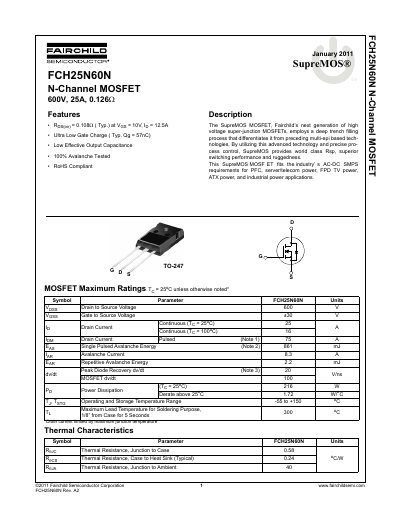 Fairchild FCH25N60N N-Channel MOSFET Datasheet - cover page