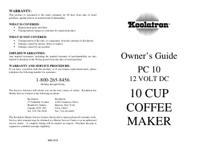 Koolatron PC 10 10-Cup Coffee Maker User Manual - cover page
