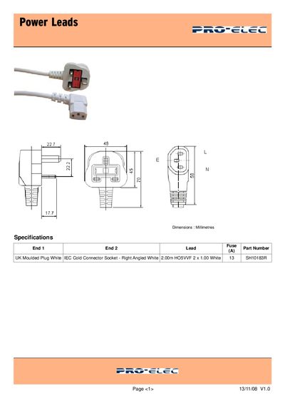 PRO ELEC UK Moulded Plug White IEC Cold Connector Socket - Right Angled White 2.00m HO5VVF 2 x 1.00 White 13 SH10183R - cover page