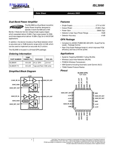 Intersil ISL3990 Dual Band Power Amplifier Datasheet - cover page