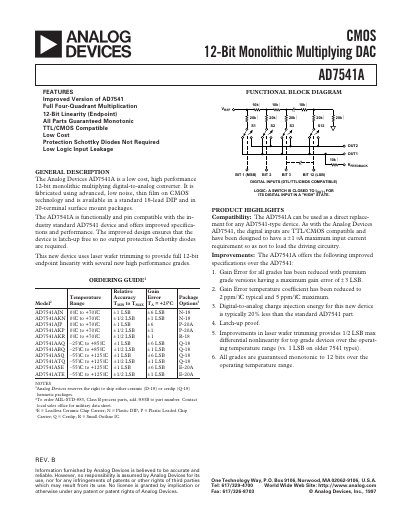 Analog Devices AD7541A 12‑Bit Multiplying DAC Datasheet