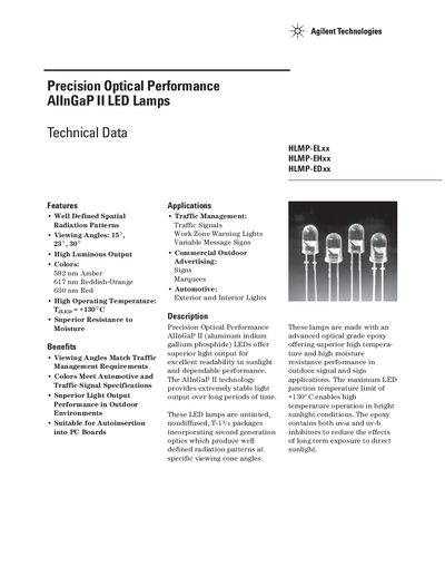 Agilent HLMP-ELxx / HLMP-EHxx / HLMP-EDxx LED Lamp Technical Data - cover page